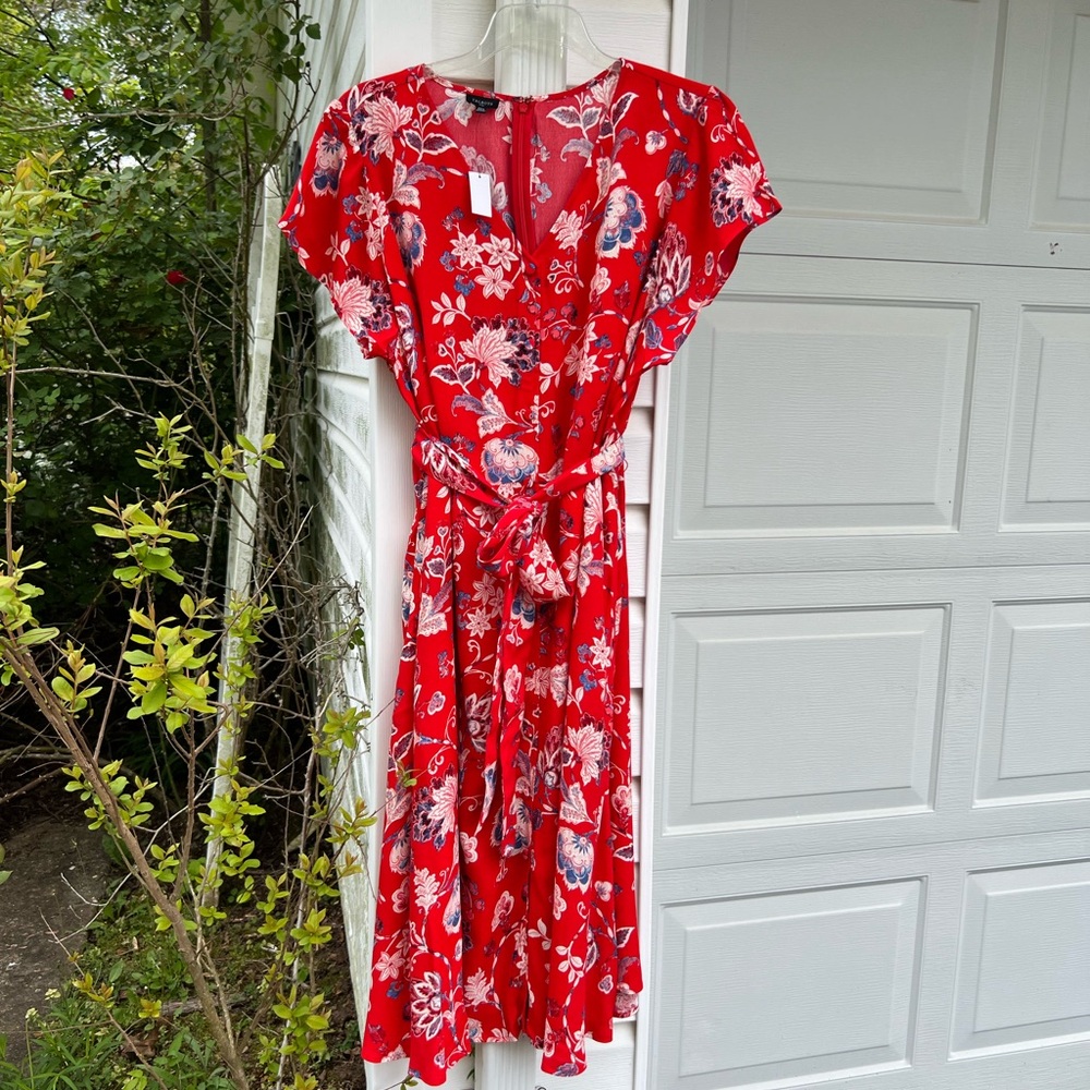 NWT Talbots Pretty Red Cream Blue Floral Short Sleeve Lined MIDI Dress